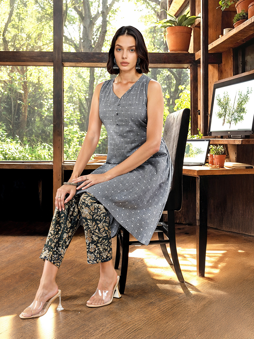 

Taavi Women Woven Legacy Pure Cotton Kurta With Trousers, Grey