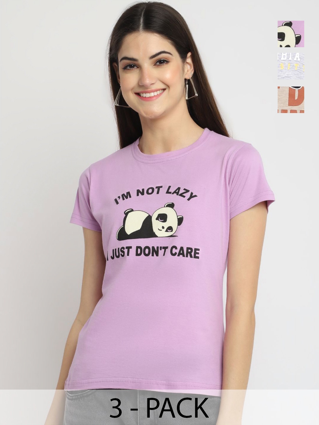 

Dreambe Women Pack Of 3 Typography Printed Round Neck Cotton T-shirts, Lavender