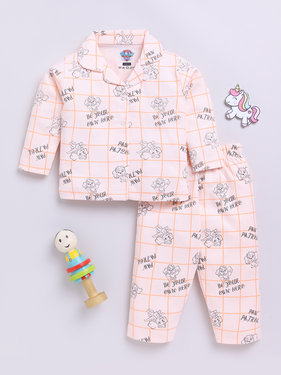 

YK X Tinyo Infant Girls Paw Patrol Printed Pure Cotton Night suit, Peach