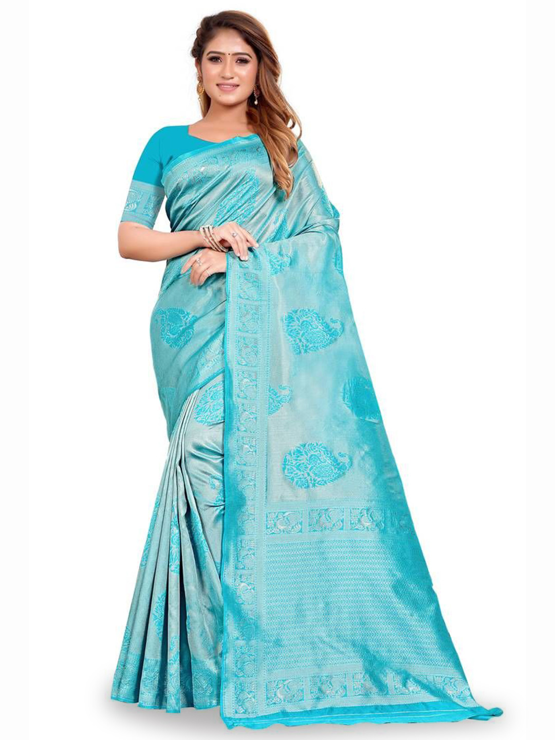 

APNISHA Woven Design Zari Pure Silk Banarasi Saree, Turquoise blue
