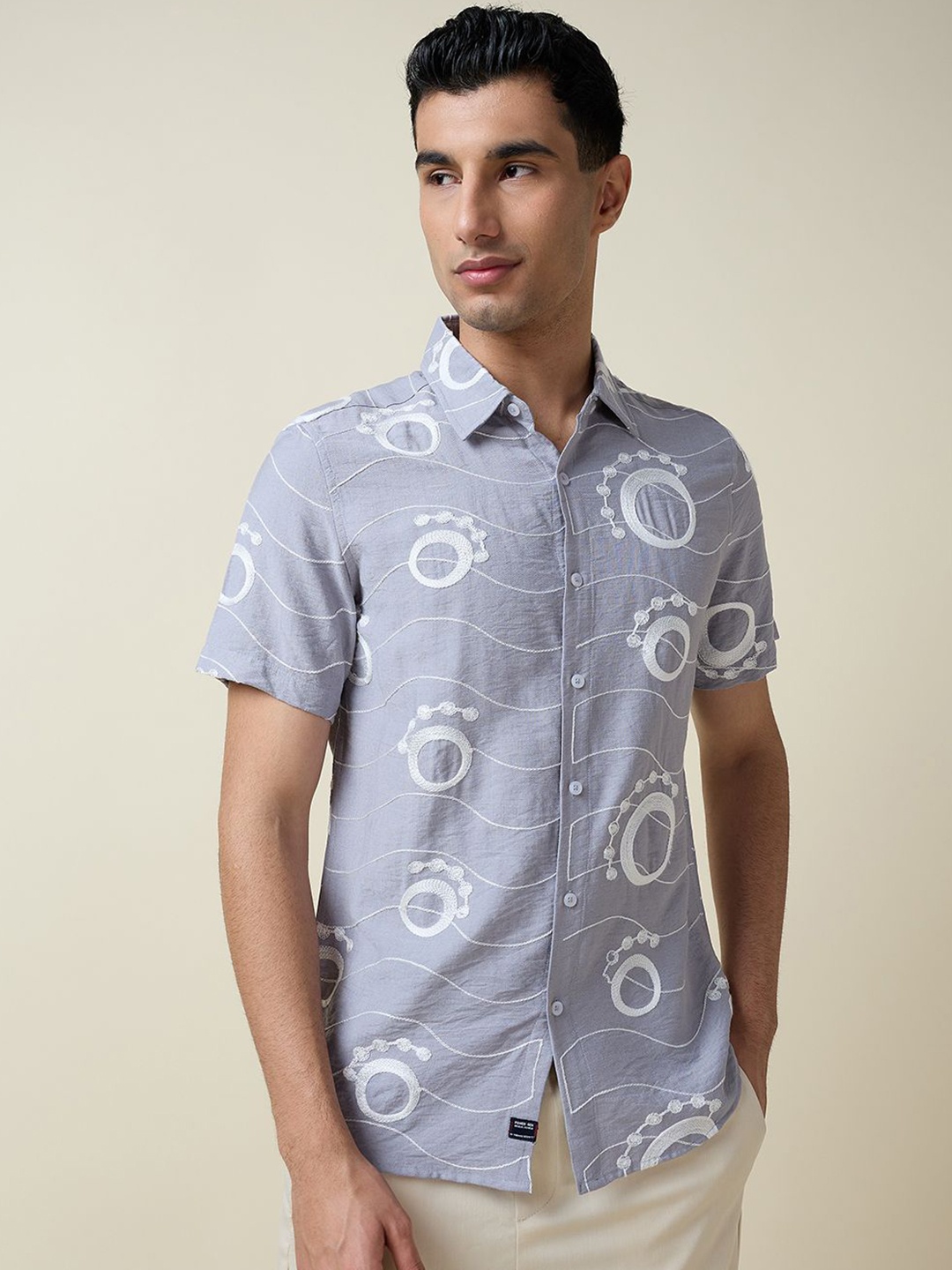 

Thomas Scott Men Embroidered Regular Fit Casual Shirt, Grey