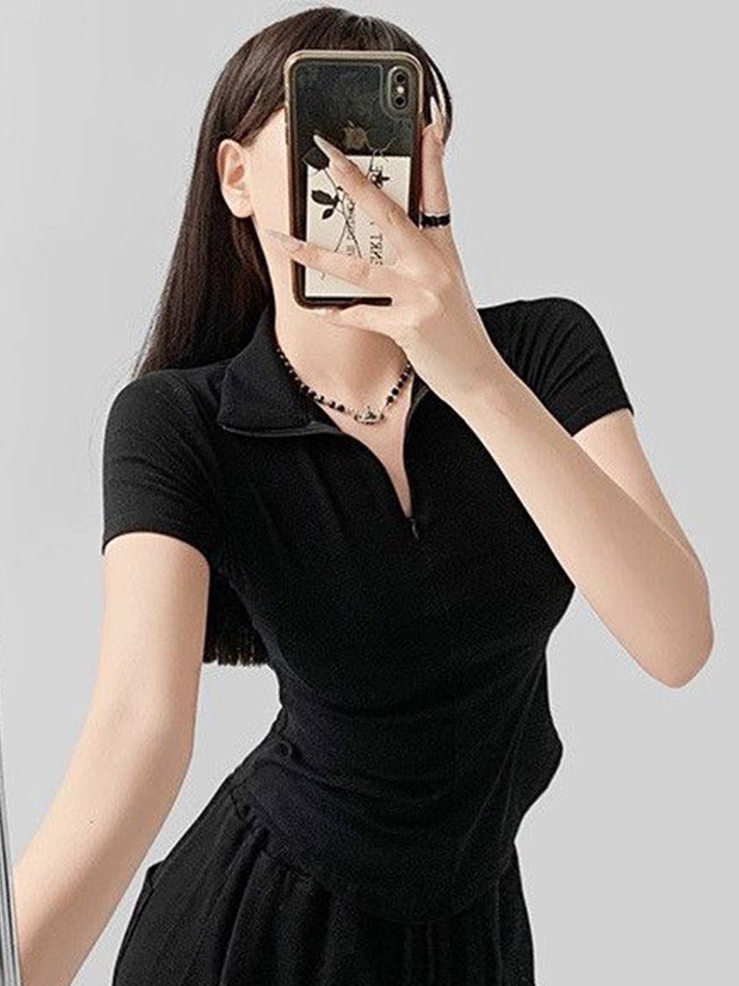 

DressBerry Women Solid Shirt Collar Fitted Top, Black