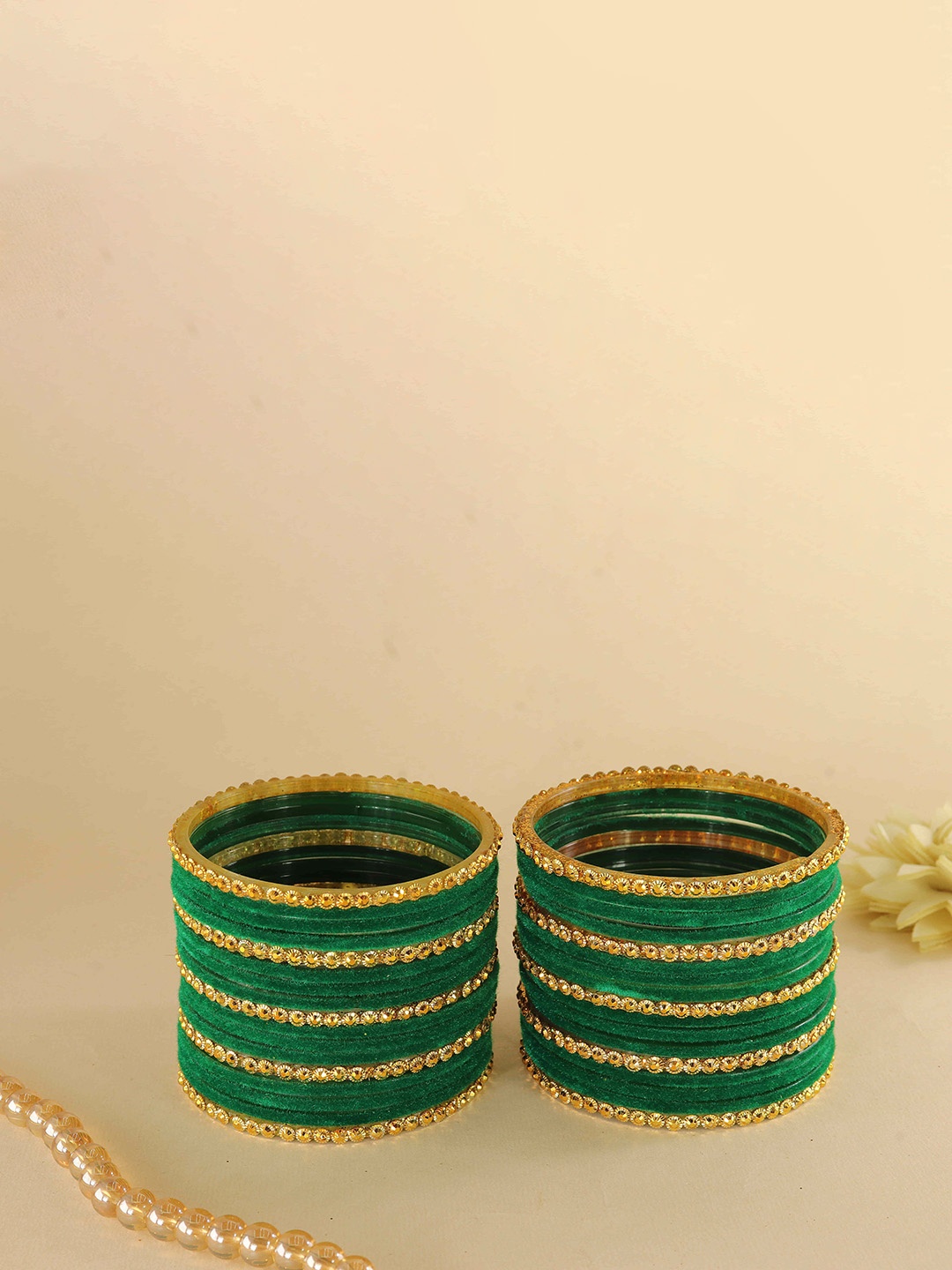 

NMII Set Of 34 Artificial Stones Studded Velvet Bangles, Green