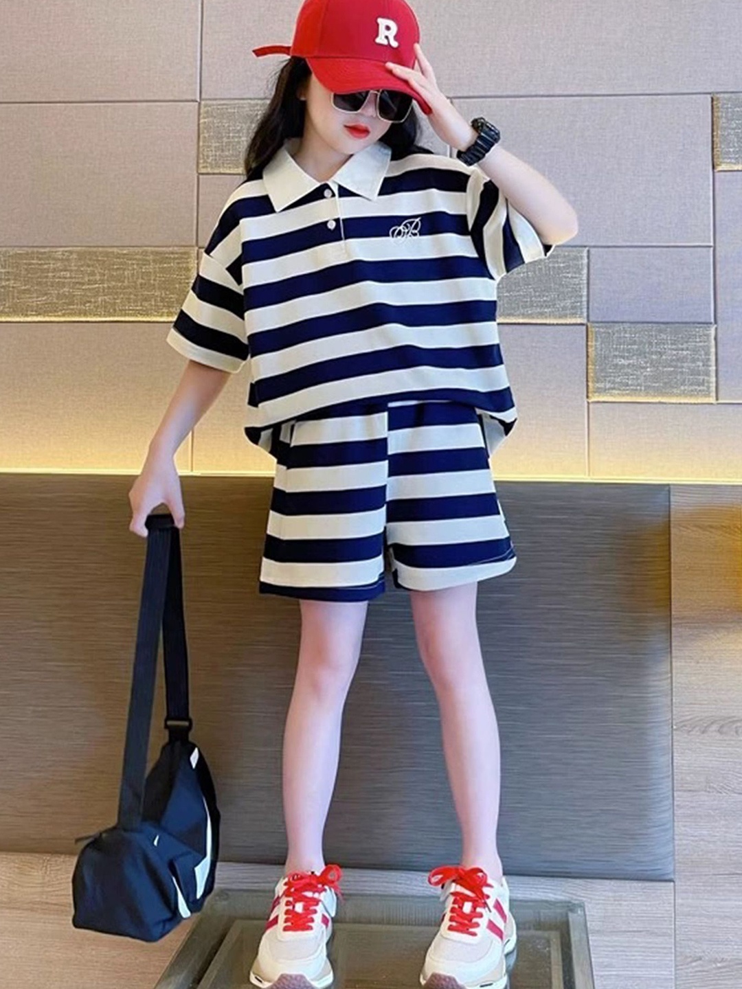

LULU & SKY Girls Striped Polo Collar T-Shirt With Shorts, Blue