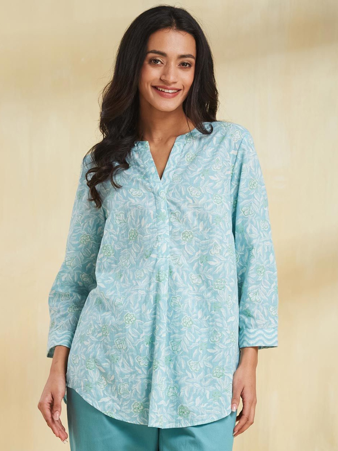

Fabindia Women Floral Printed Cotton Tunic, Blue