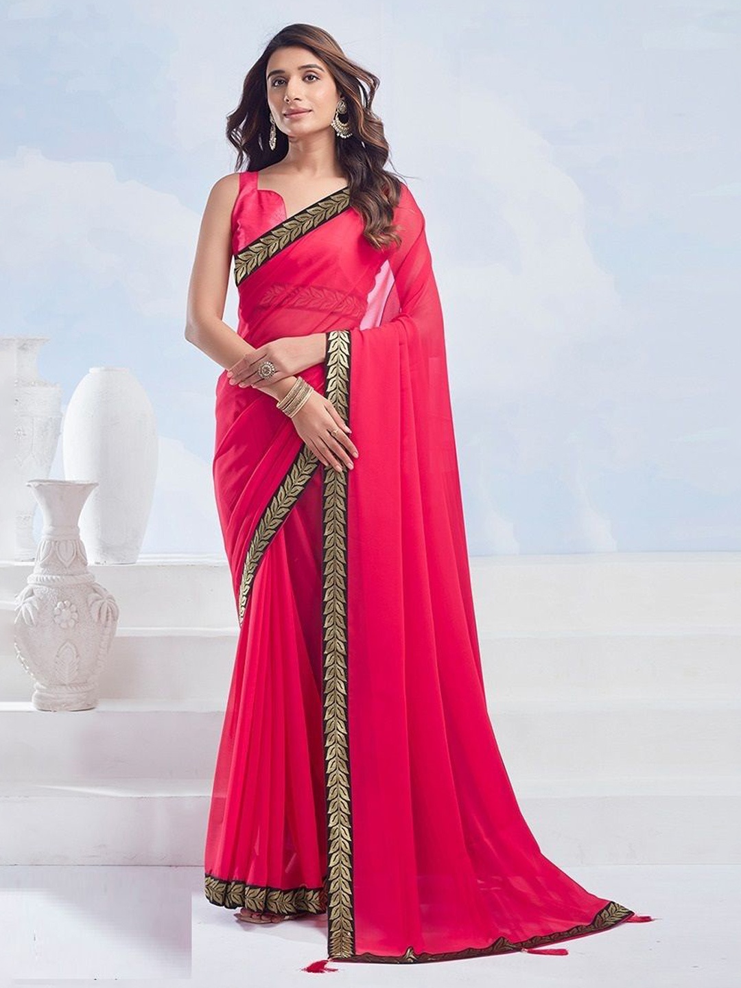 

Styleveda Solid Laced Border Saree, Purple