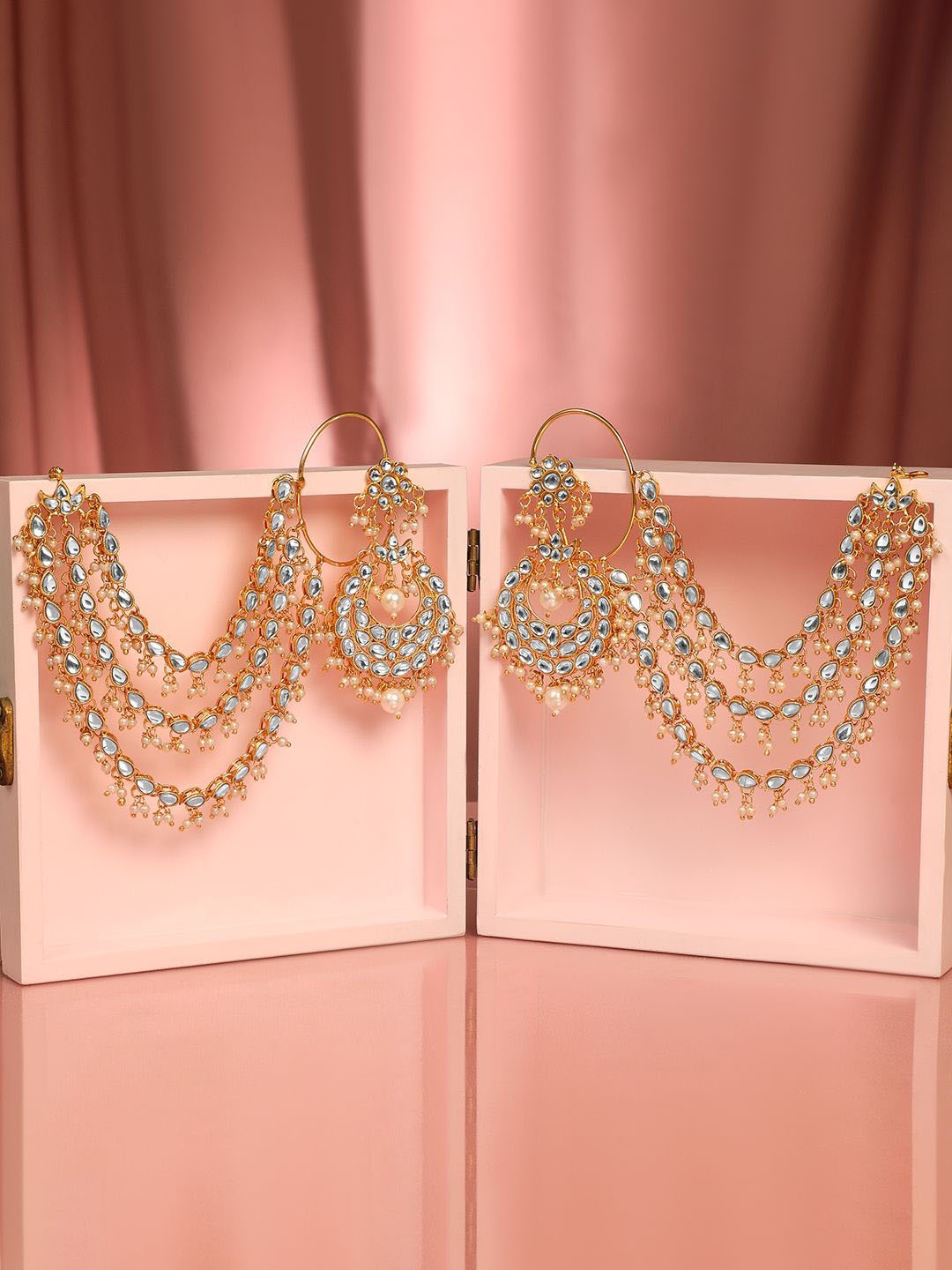 

Rubans 22K Gold Plated Kundan & Pearl Multi Layered Bridal Ear Chain Chandbali Earrings