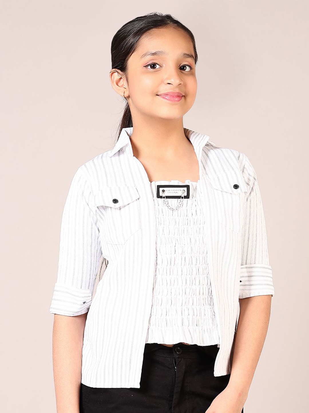 

V-Mart Girls Striped Shirt Collar Cotton Top, Off white