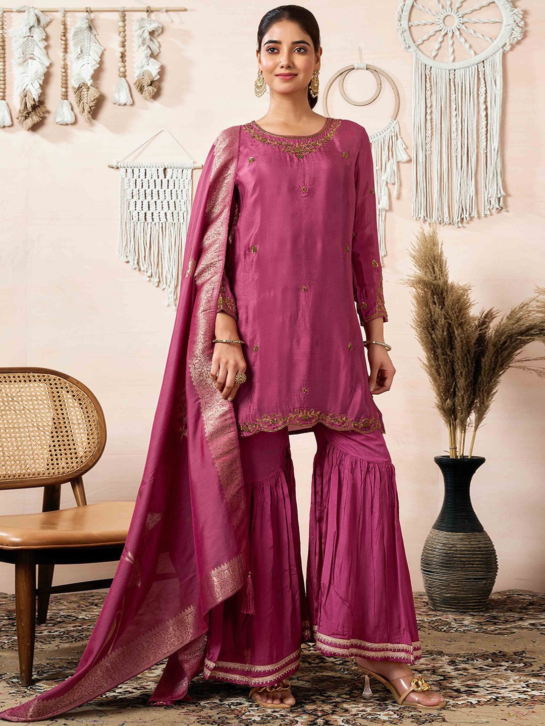 

Peachmode Floral Embroidered Zardozi Kurti With Sharara And Dupatta, Rust