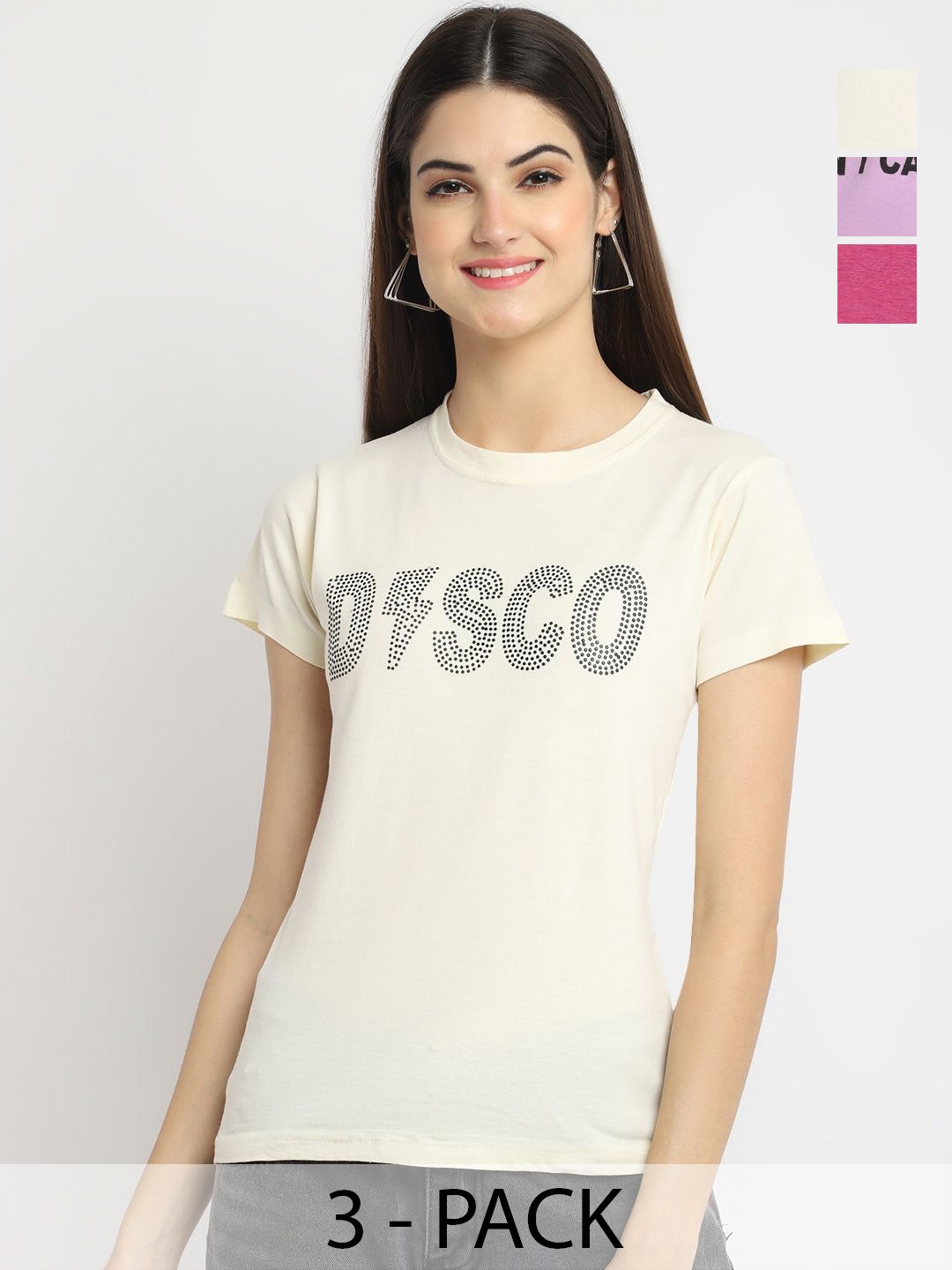 

Dreambe Women Pack Of 3 Graphic Printed Round Neck Cotton T-shirts, White