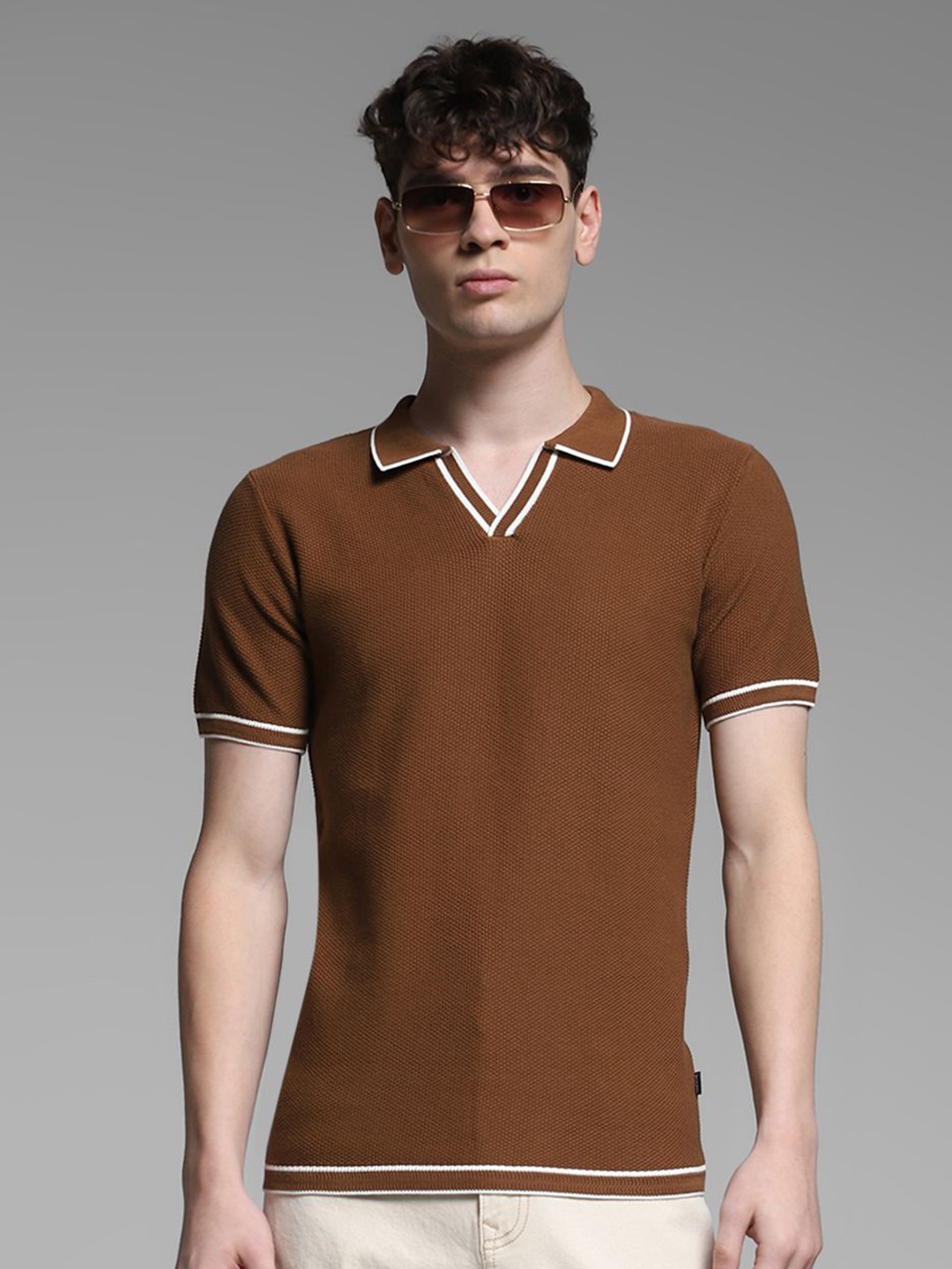 

Jack & Jones Men Solid Polo Collar Cotton T-shirt, Brown