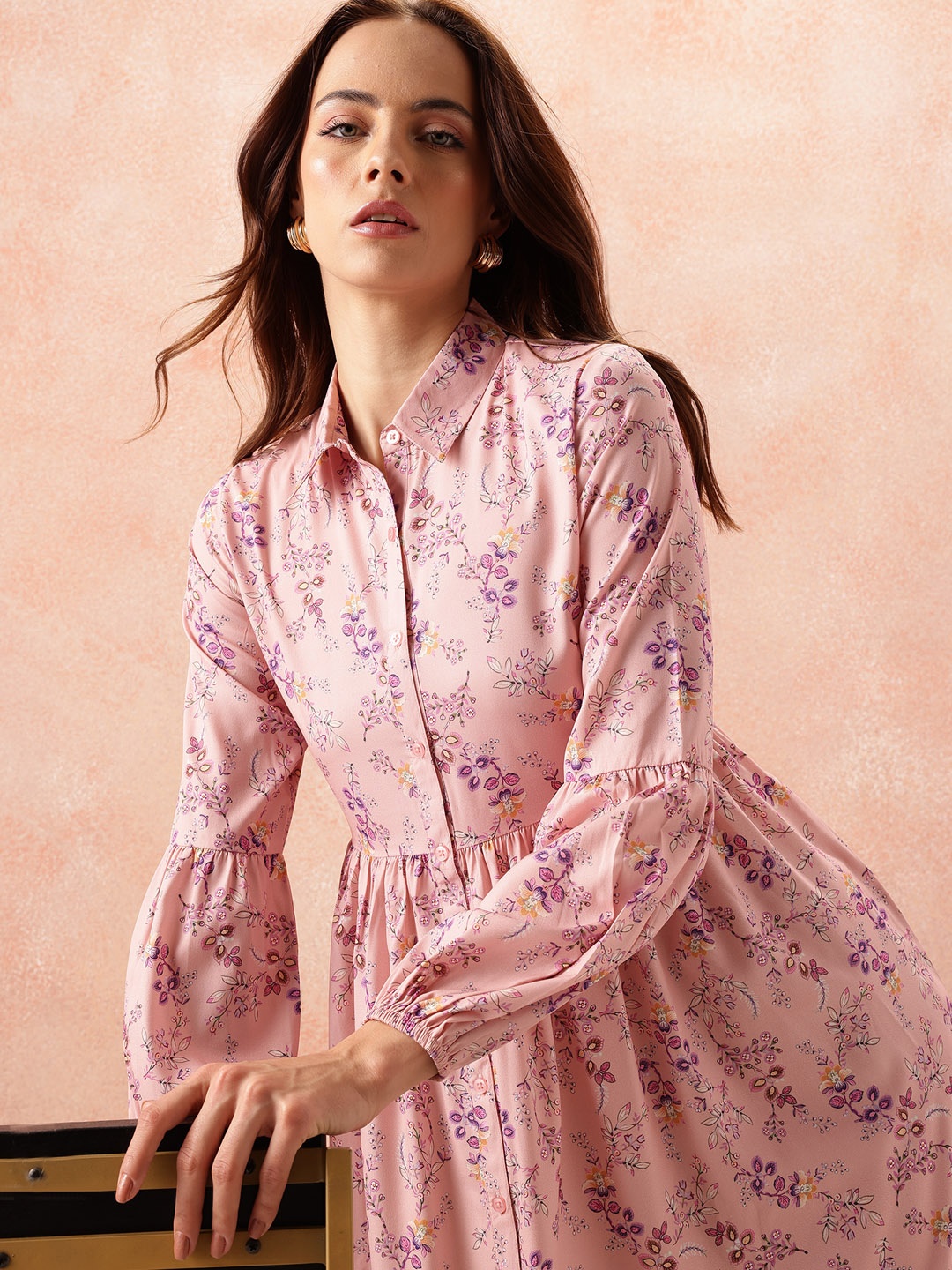 

all about you Floral Print Puff Sleeve Shirt Midi Dress, Pink