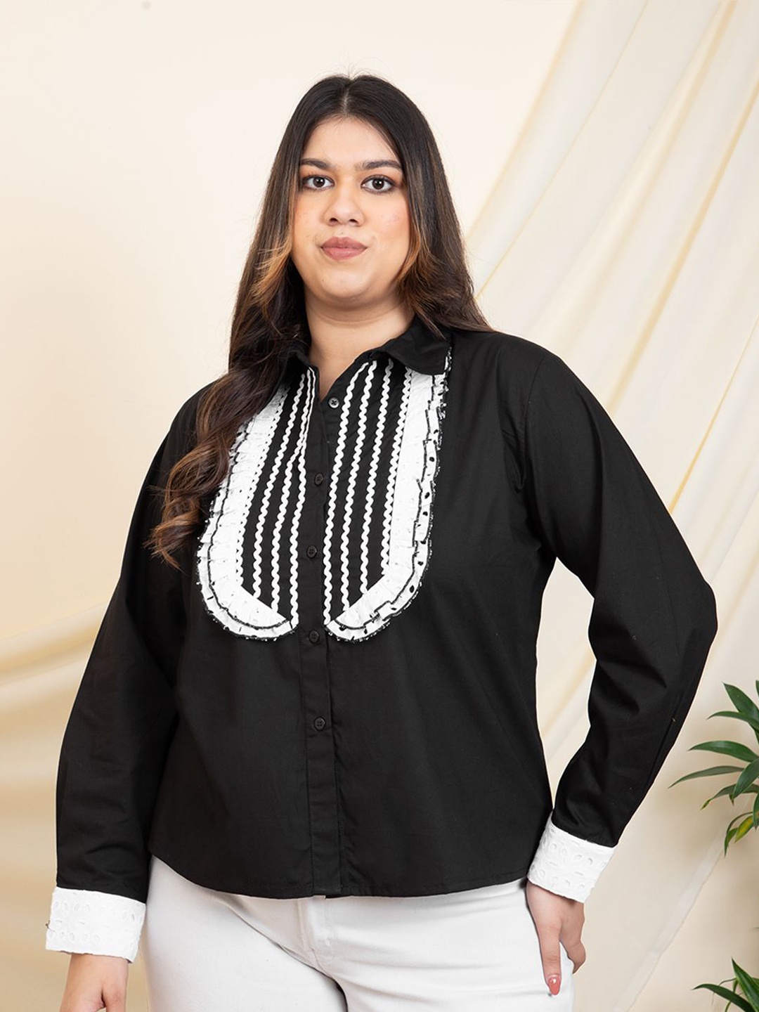 

DEEBACO Women Plus Size Spread Collar Vertical Striped Cotton Casual Shirt, Black