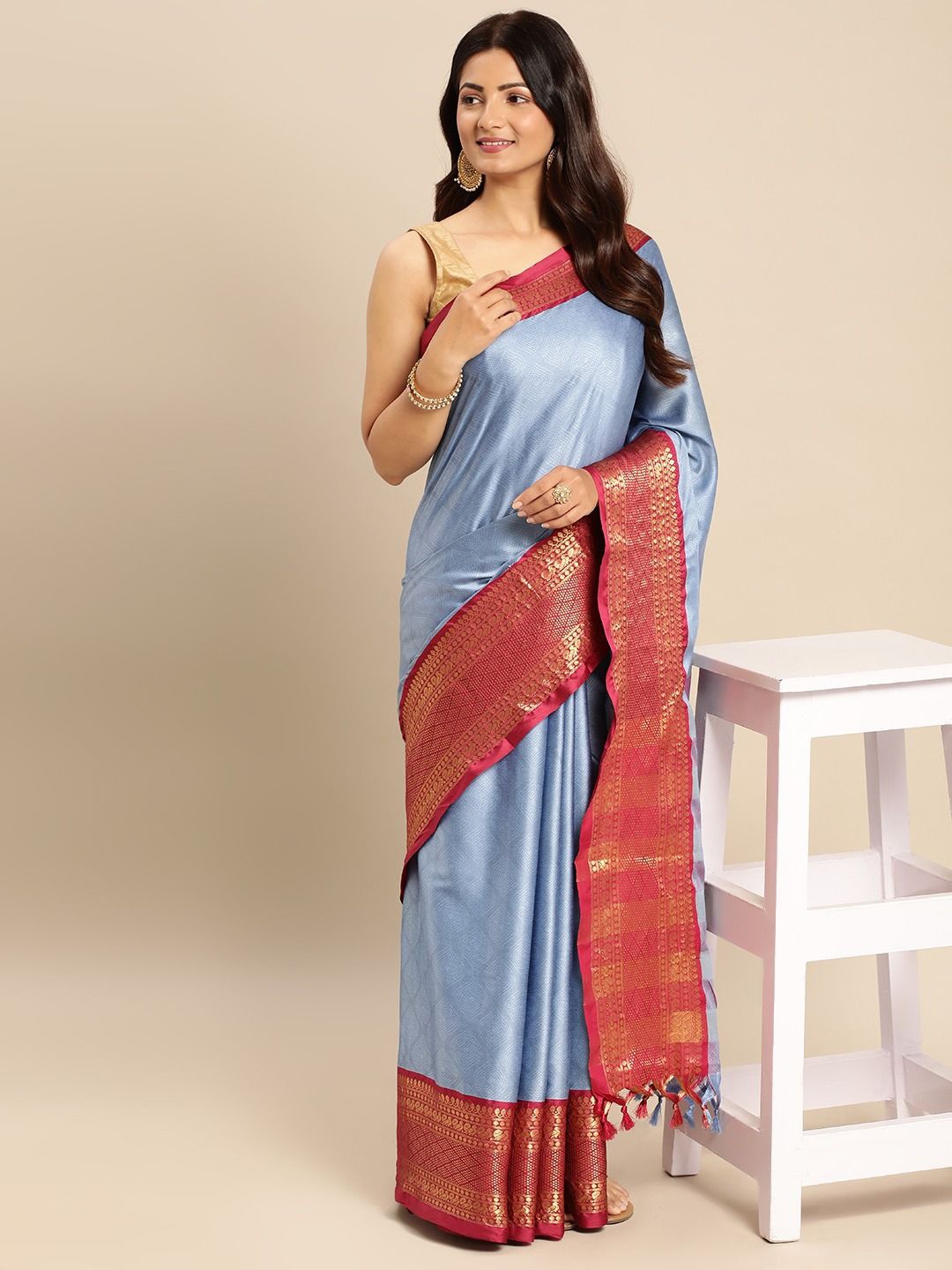 

DIVASTRI Woven Design Zari Silk Cotton Banarasi Saree, Blue