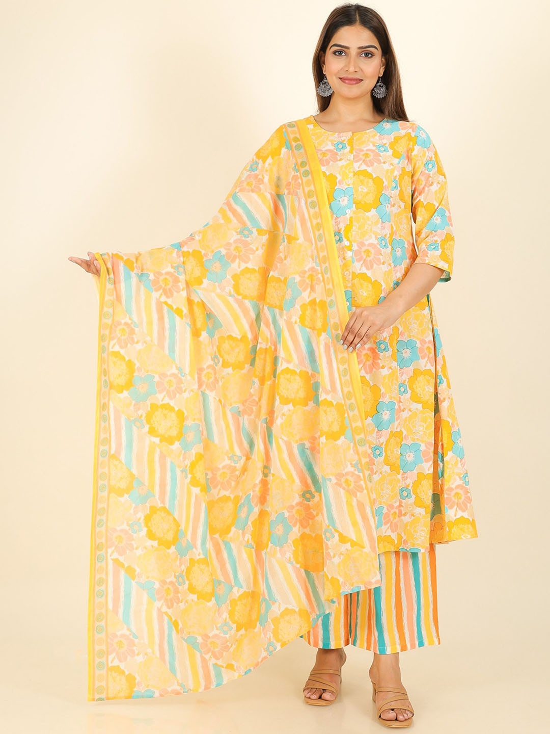 

Aramya Floral Printed Pure Cotton A-line Kurta With Palazzo And Dupatta, Yellow