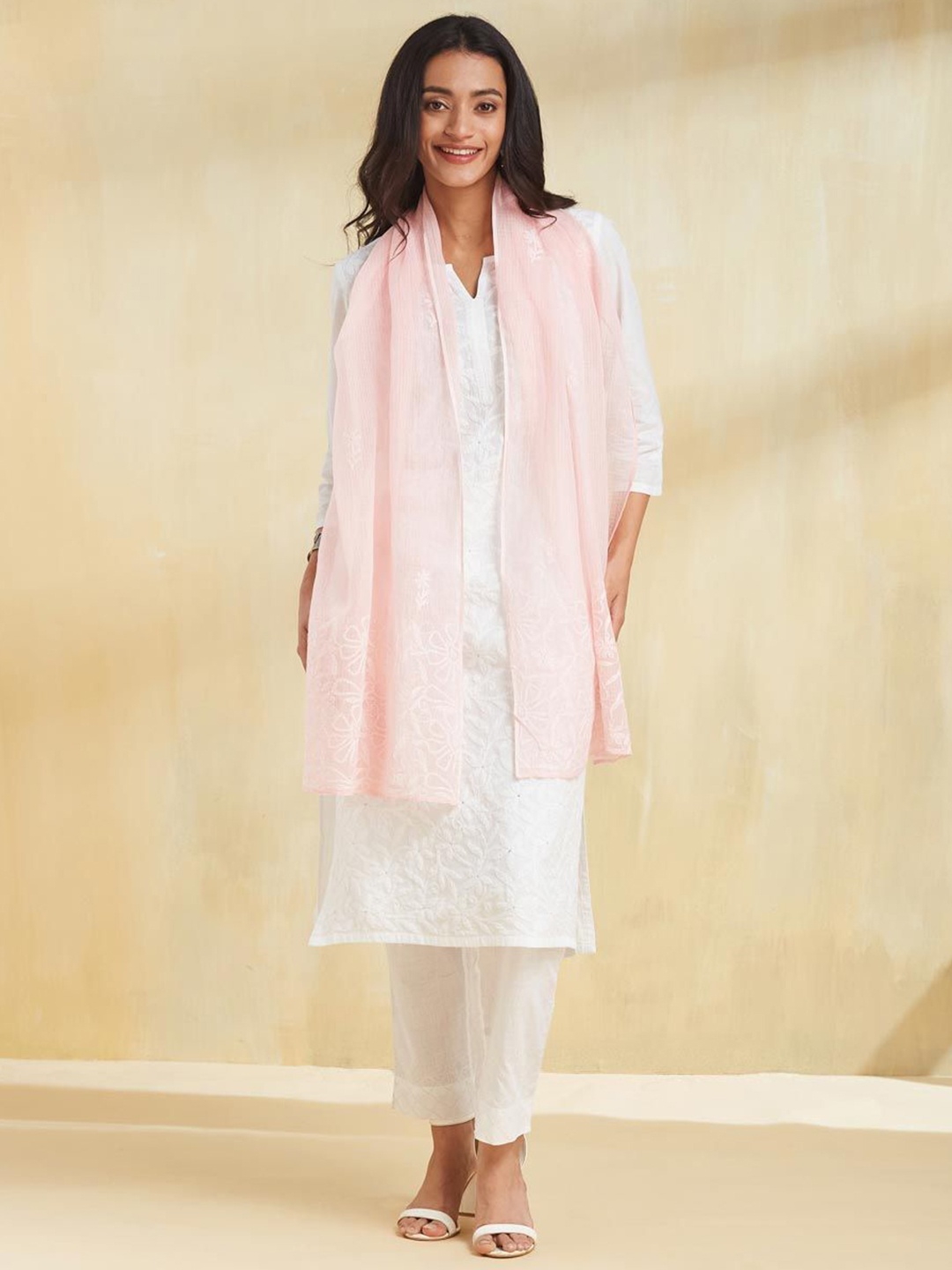 

Fabindia Women Geometric Embroidered Stole, Pink