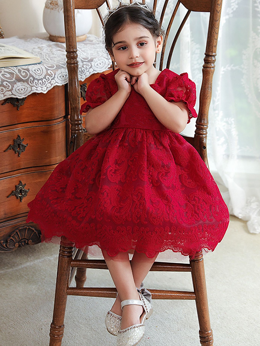 

LULU & SKY Girls Self Design Fit & Flare Dress, Red