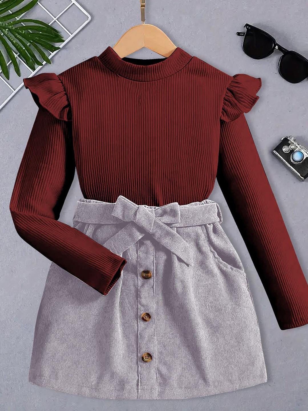 

YK Girls Round Neck Top With Skirt, Maroon
