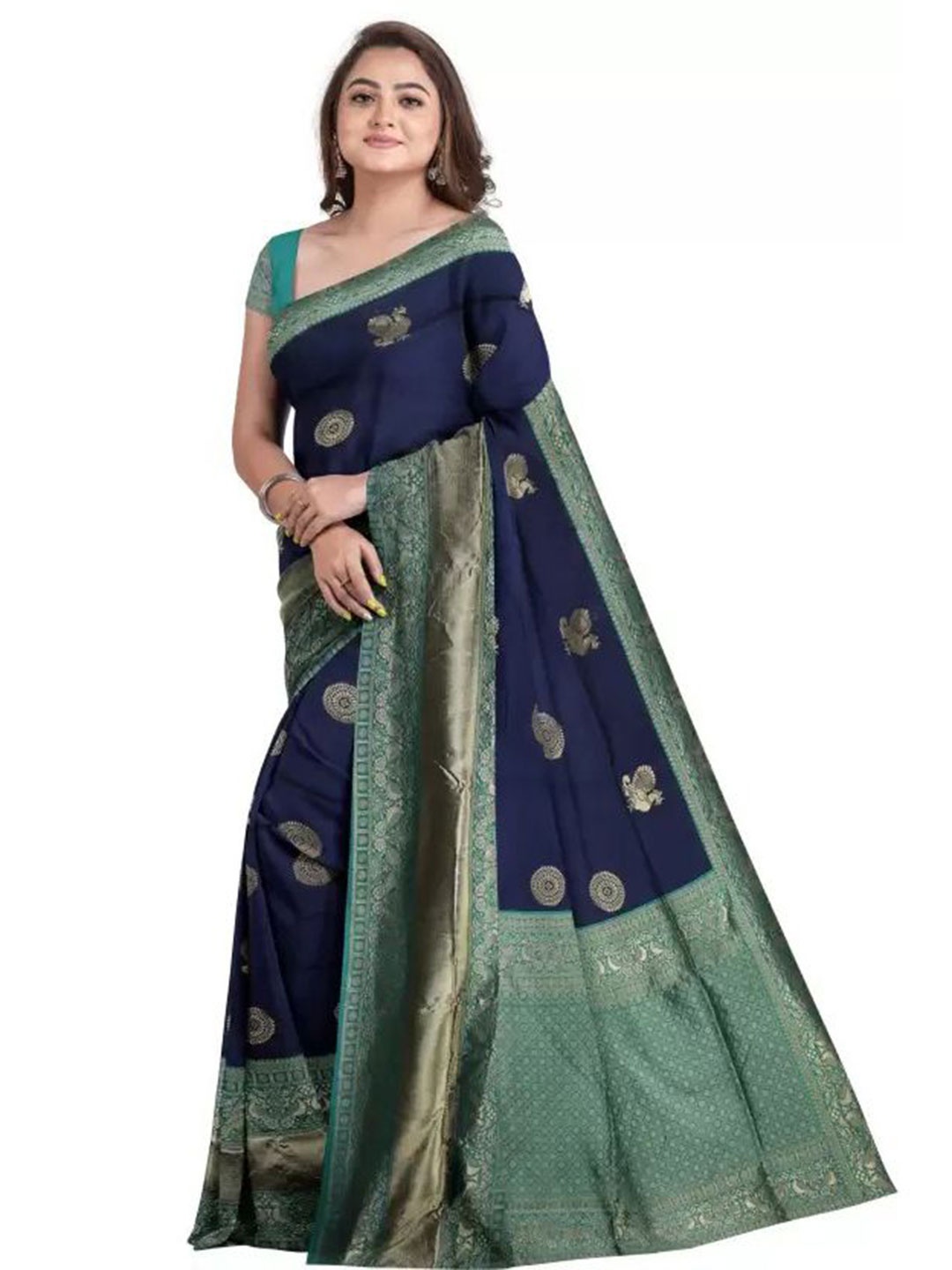 

APNISHA Woven Design Zari Pure Silk Banarasi Saree, Navy blue