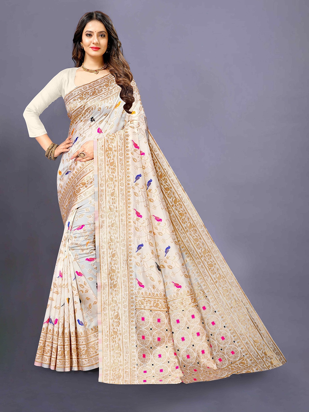 

Moda Rapido Woven Design Zari Banarasi Saree, Cream