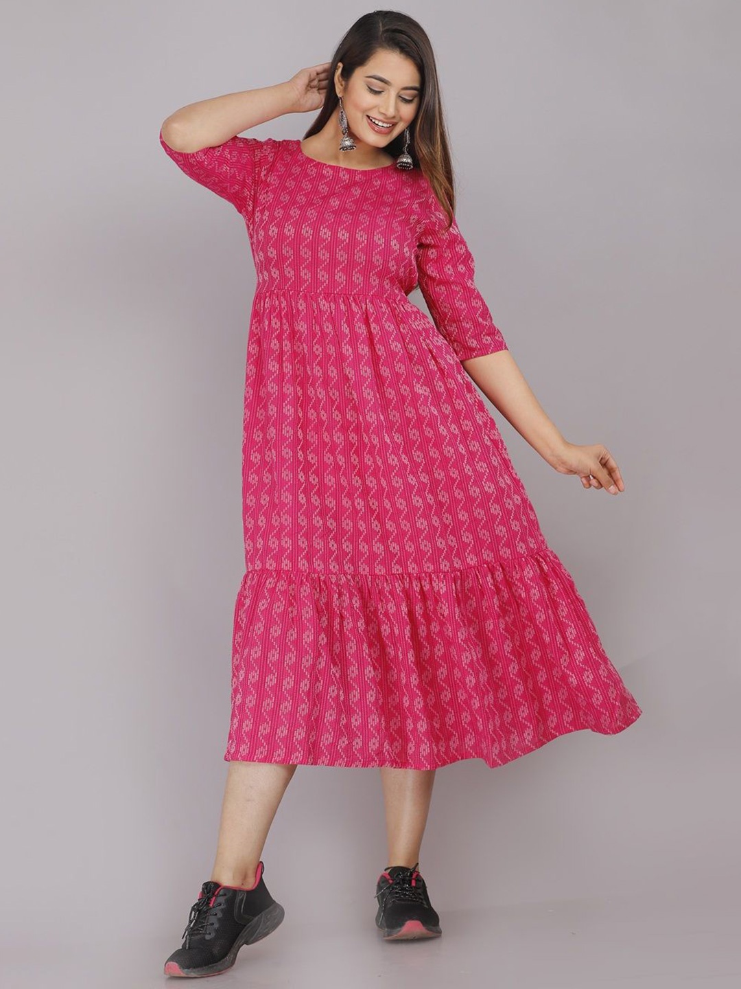 

Demirner Women Floral Printed Gathered Tiered Cotton Fit & Flare Midi Dress, Pink