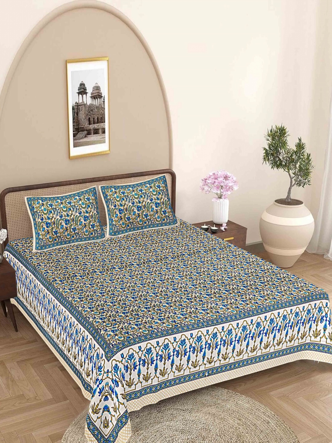 

VANI E Blue & Grey Printed Pure Cotton 180TC King Bedsheet Set- 2.28 m x 4.57 m