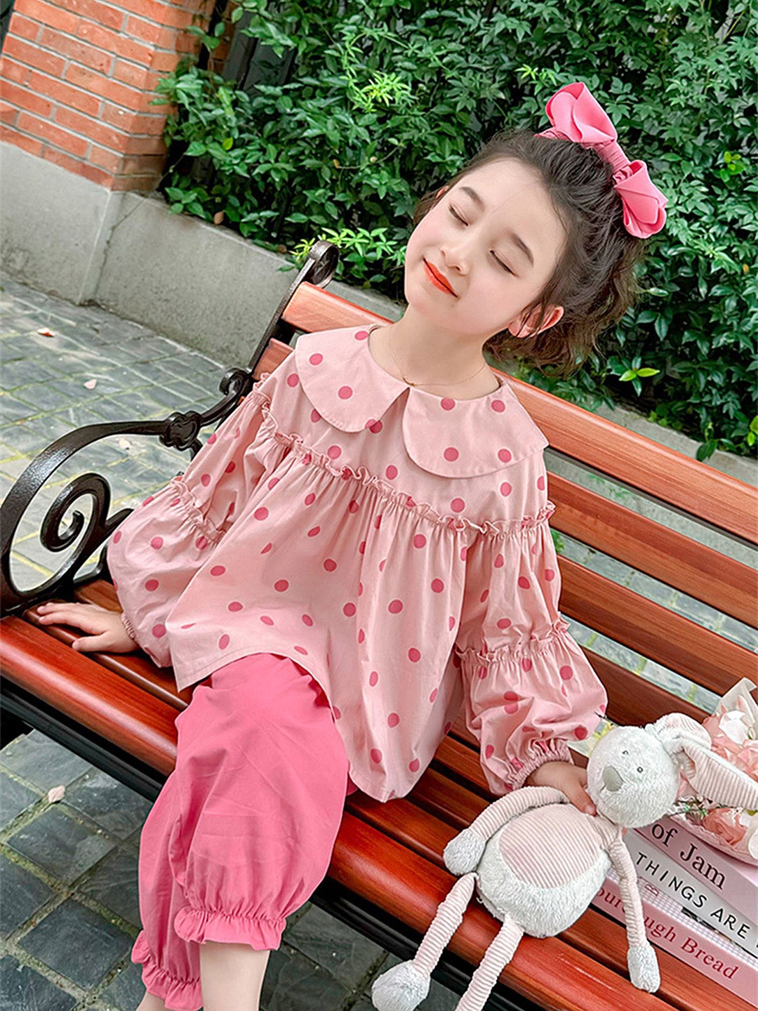 

LULU & SKY Girls Printed Peter Pan Collar Pure Cotton Top with Trousers, Pink