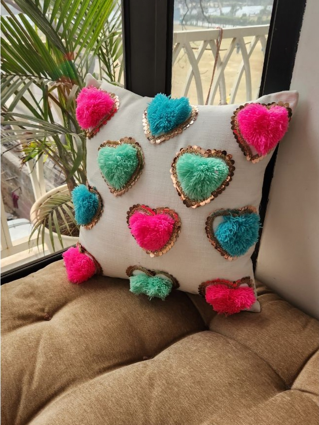 

THROWPILLOW Beige & Pink Embellished Square Valentines Cushion Covers