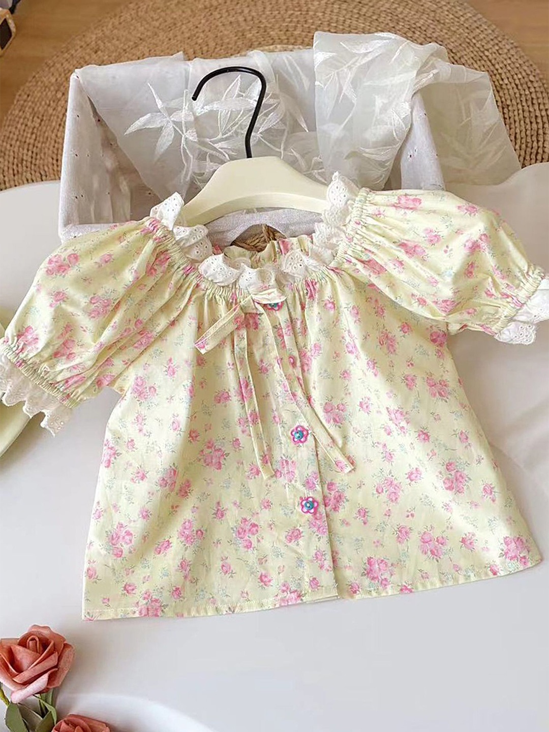 

LULU & SKY Girls Floral Print Puff Sleeve Top, Beige