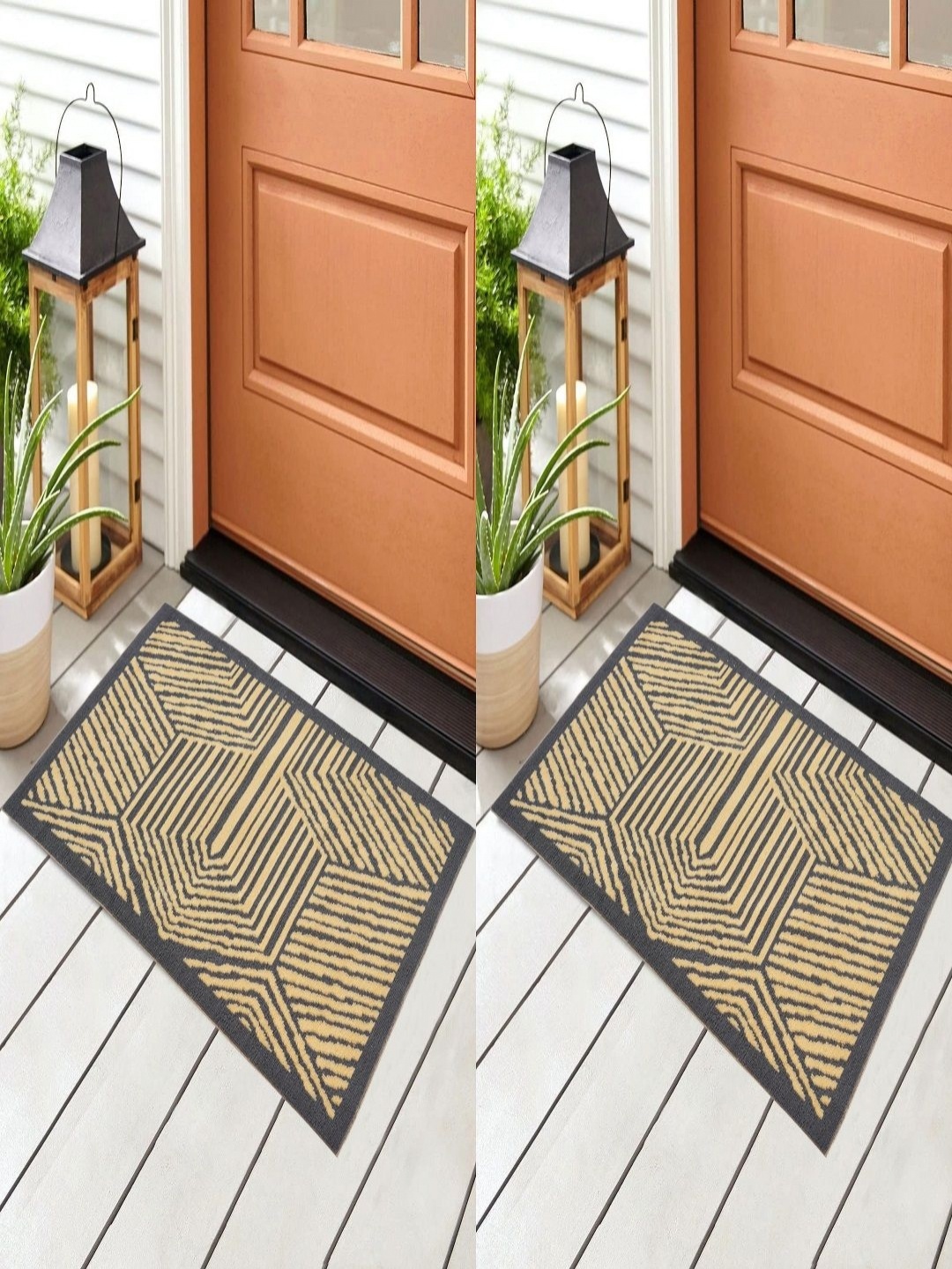 

Myntra Elegant Homes Grey & Beige 2 Pieces Striped Cotton Rectangular Anti-Slip Doormats