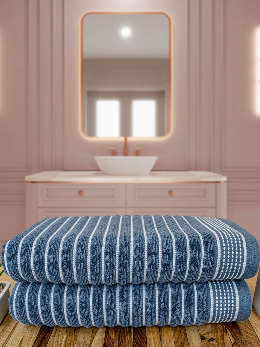 

Myntra Elegant Homes Blue & White 2 Striped Cotton 525 GSM Bath Towel