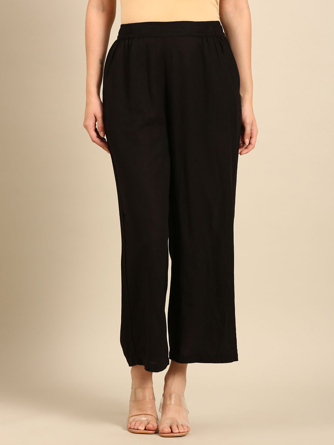 

De Moza Women Solid Black Wide Leg Trousers