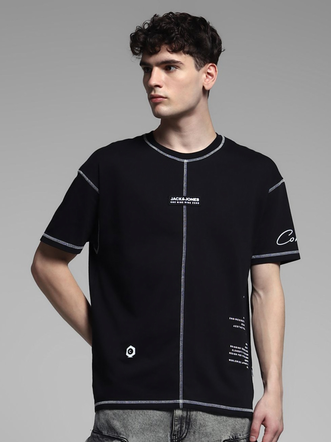 

Jack & Jones Men Typography Printed Round Neck Cotton Oversized T-shirt, Black