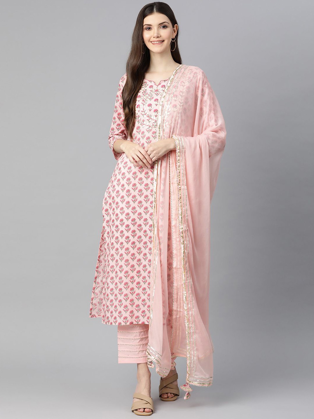 

Chandbaali Floral Printed Gotta Patti Pure Cotton Straight Kurta With Trousers Aad Dupatta, Pink