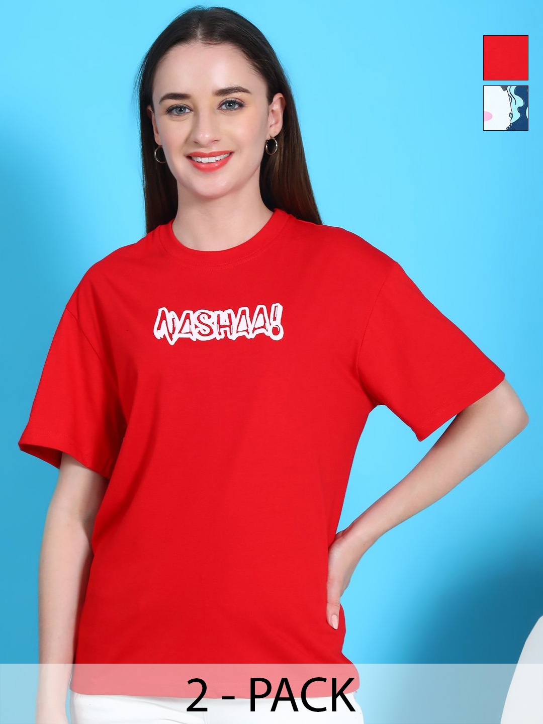 

Dreambe Women Pack Of 2 Graphic Printed Round Neck Cotton Oversized T-shirts, Red