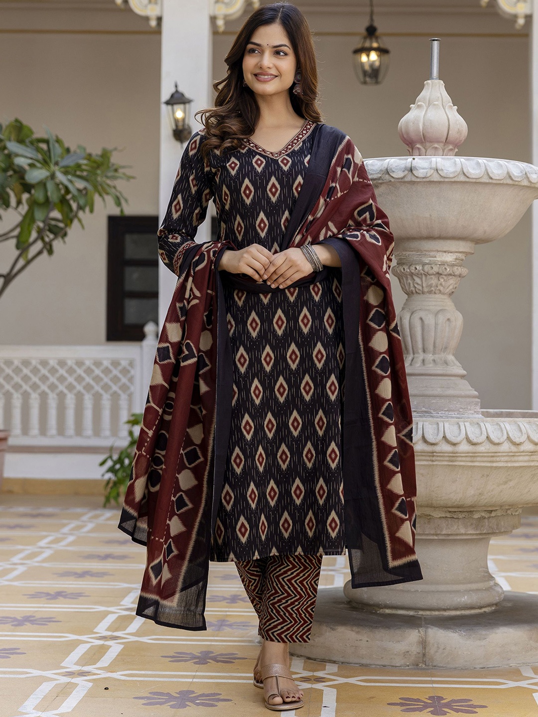 

EthniFlair Women Printed Regular Aari Work Pure Cotton Kurta with Trousers & With Dupatta, Maroon