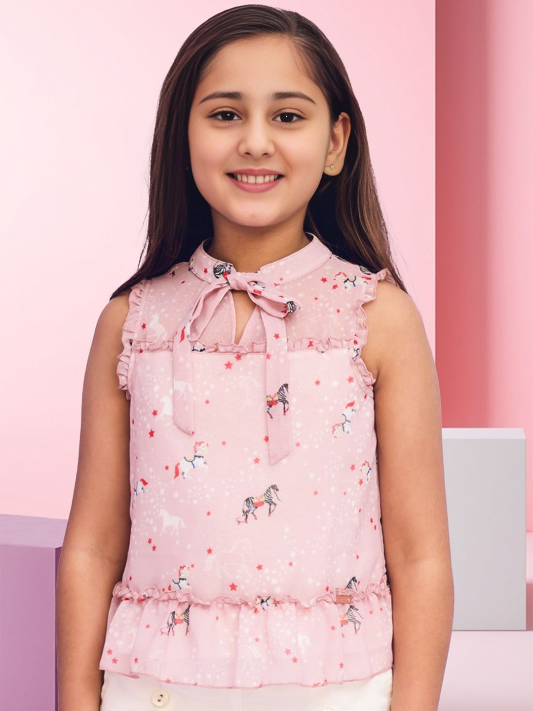 

FOREVER FRIDAY Girls Conversational Printed Tie-Up Neck Top, Pink