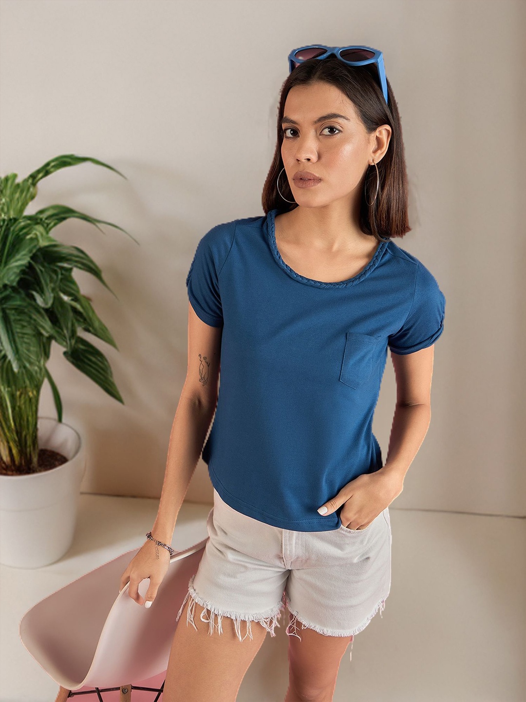 

ANJIR Women Solid Round Neck Cotton Top, Navy blue