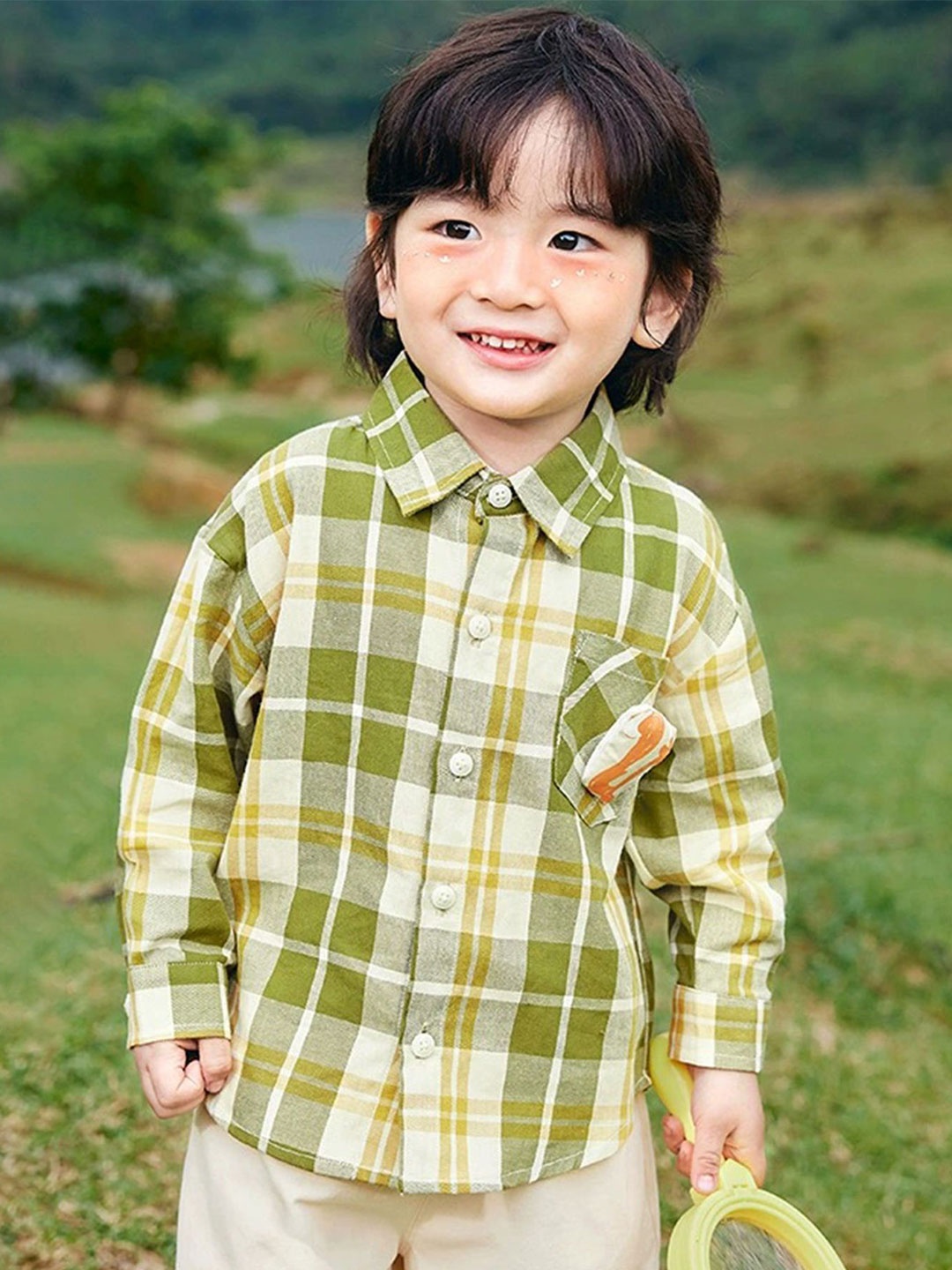 

LULU & SKY Girls Relaxed Fit Spread Collar Tartan Checked Cotton Casual Shirt, Yellow