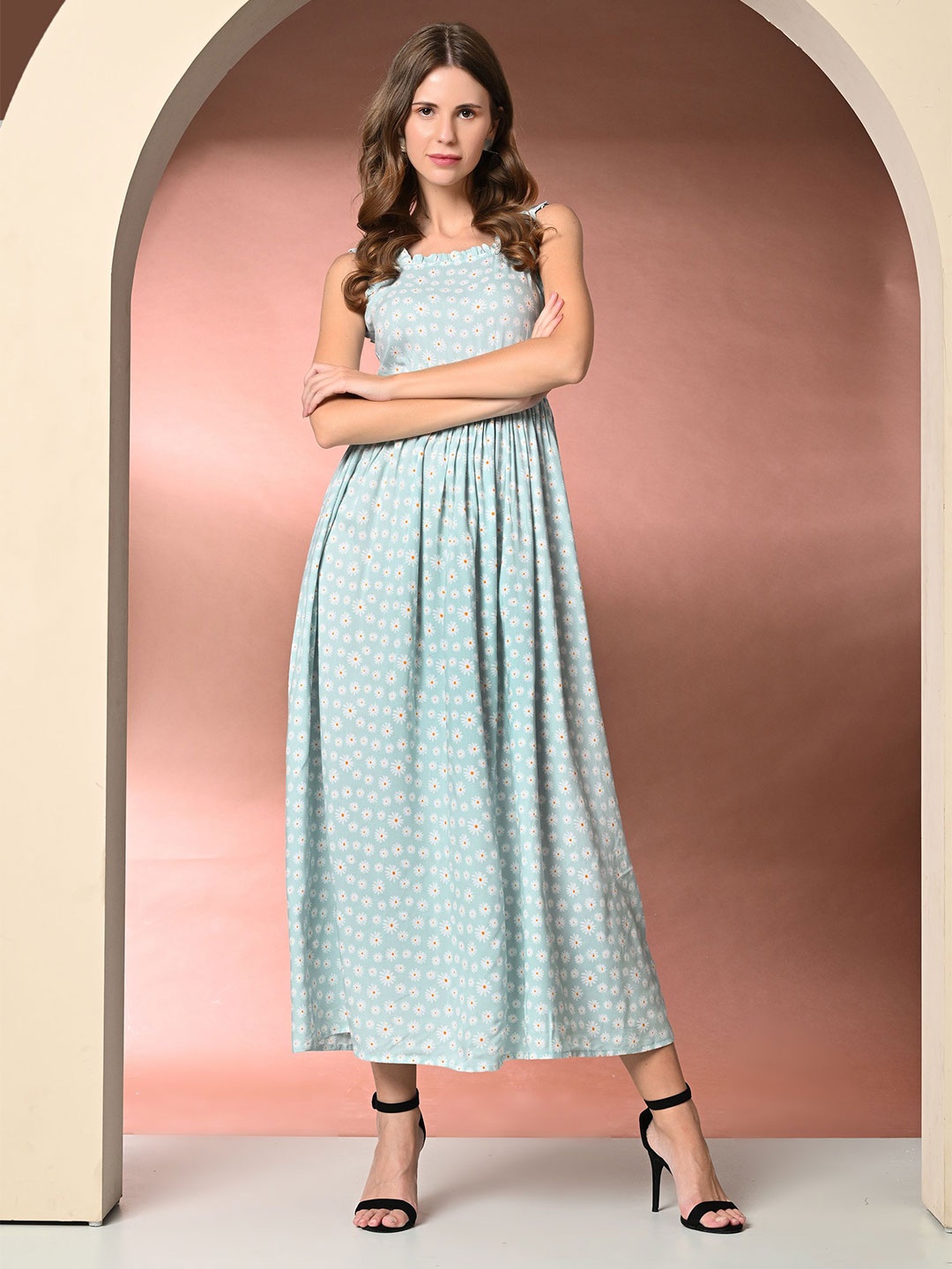 

GLAMALUE Floral Printed Crepe Fit and Flare Dress, Blue