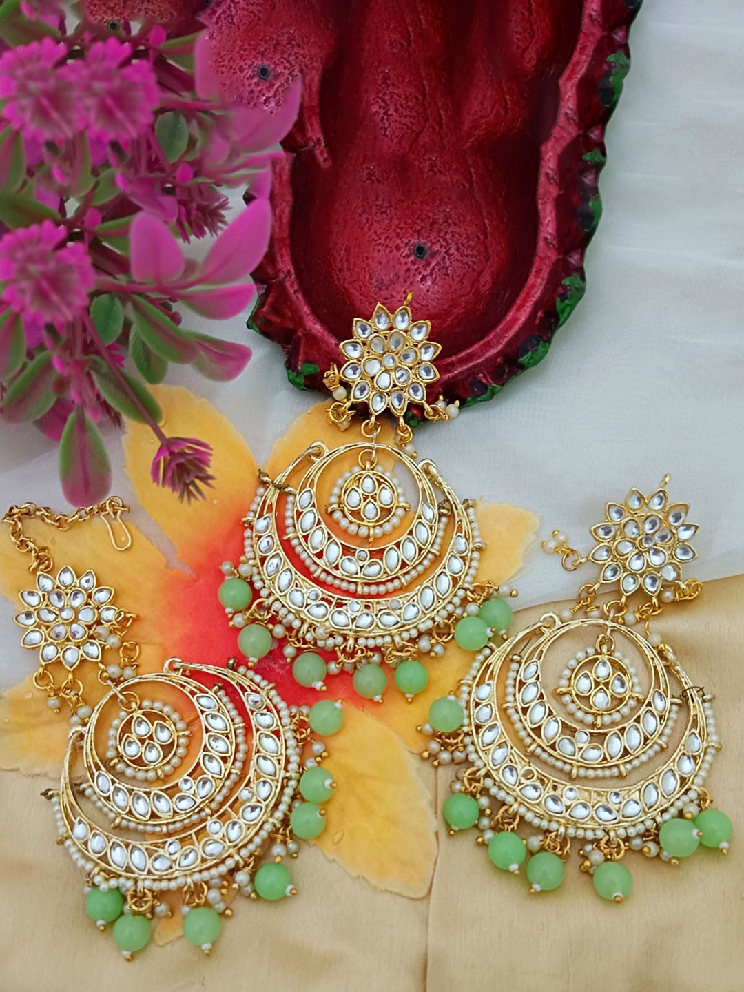 

EVY Gold Plated Artificial Stones Studded and Beaded Contemporary Shaped Chandbalis