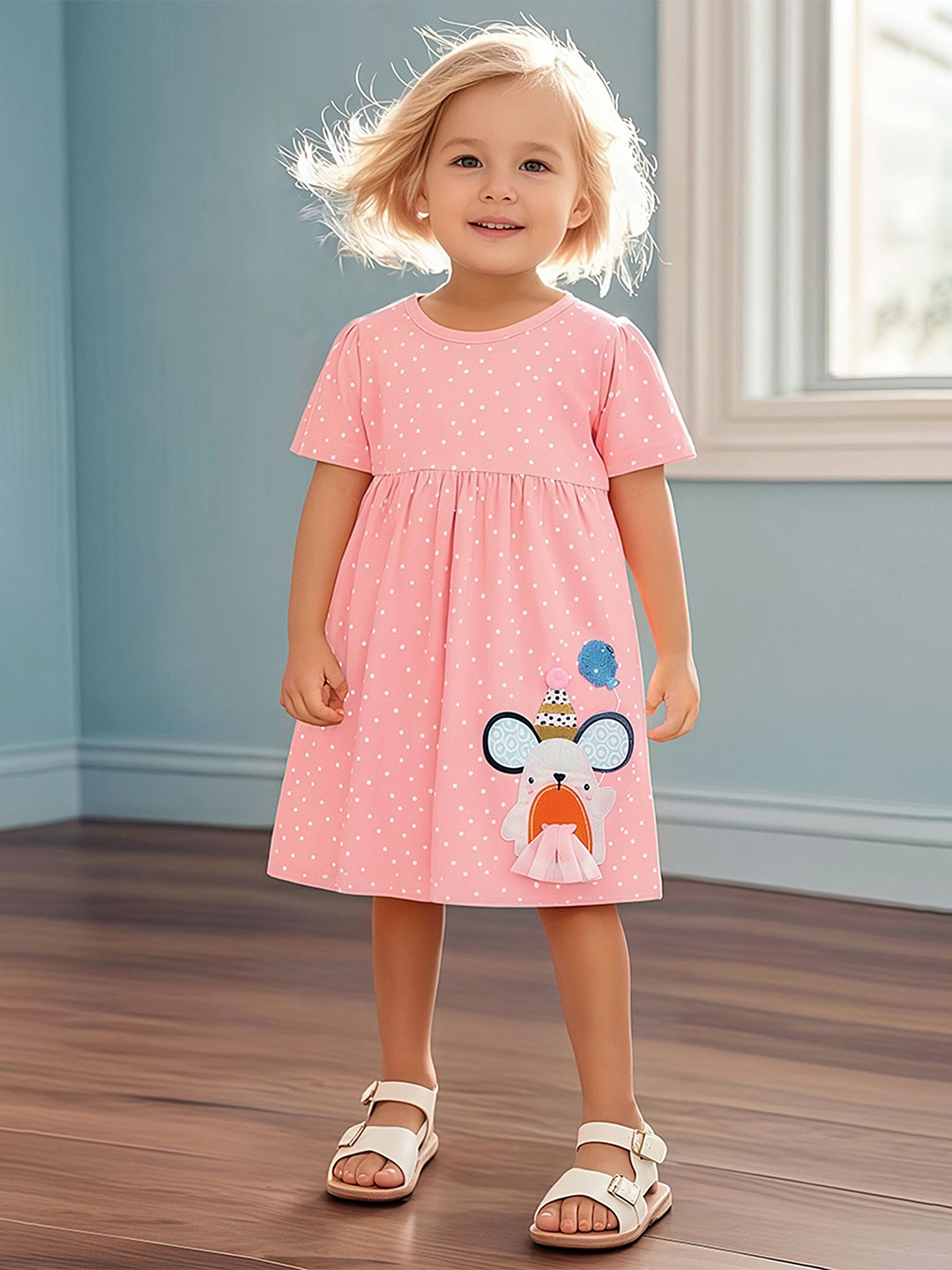 

LULU & SKY Girls Polka Dot Pure Cotton Fit & Flare Dress, Pink