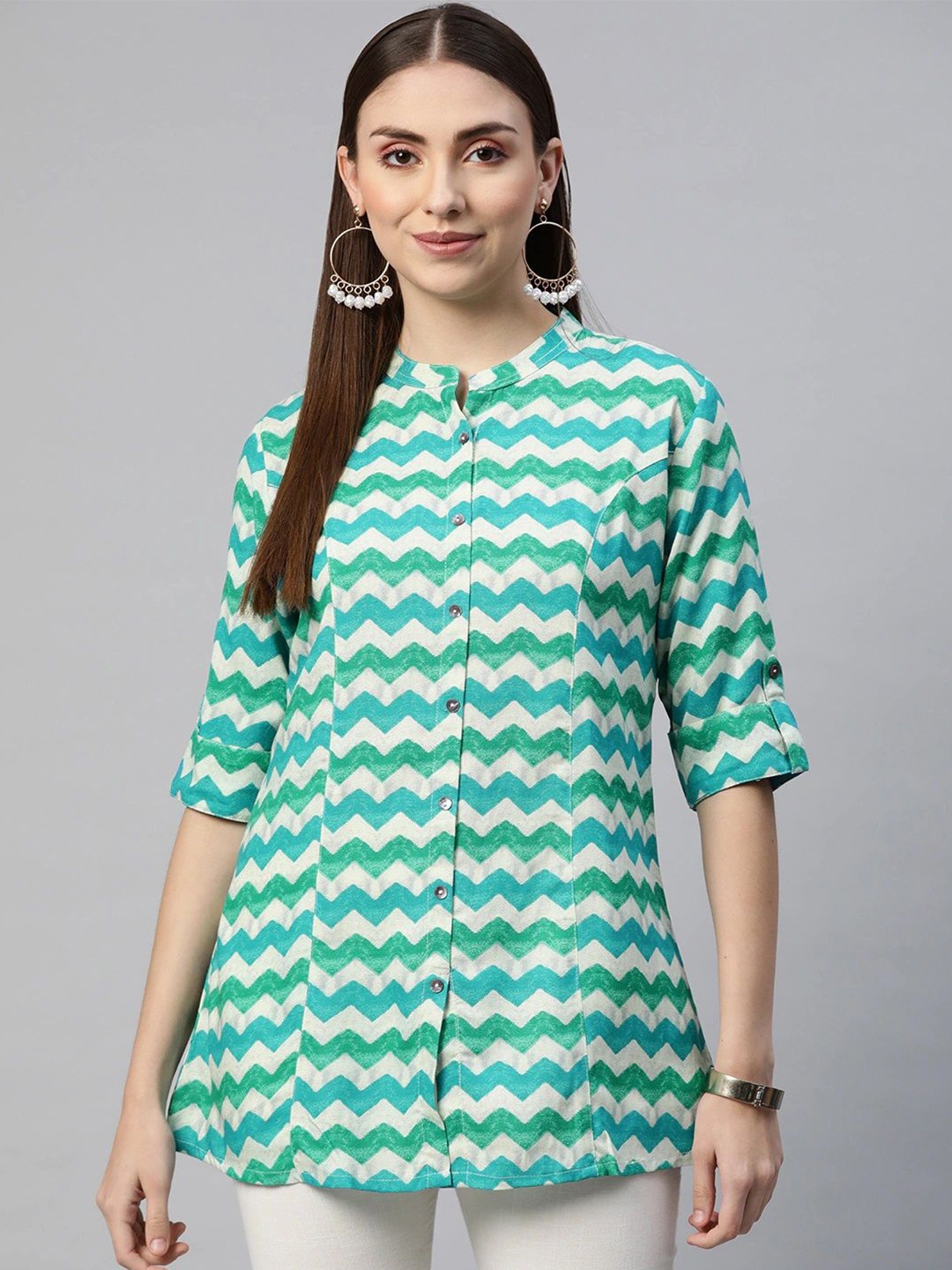 

Chandbaali Women Mandarin Collar Printed Roll-Up Sleeves Shirt Style Top, Teal