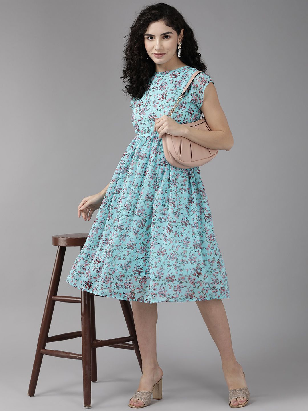 

CORSICA Women Floral Printed Fit & Flare Dress, Turquoise blue