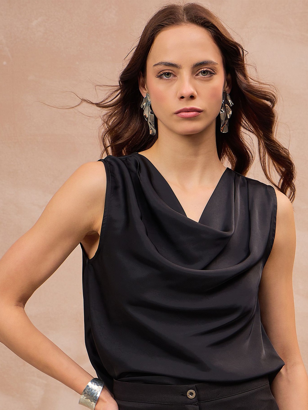 

All About You Cowl Neck Satin Top with a stylish cowl neck Satin Top, Black