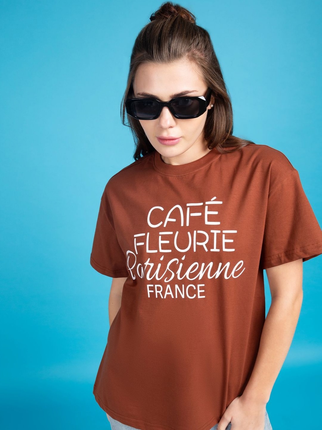 

Mast & Harbour Women Typography Printed Round Neck Cotton Oversized T-shirt, Brown
