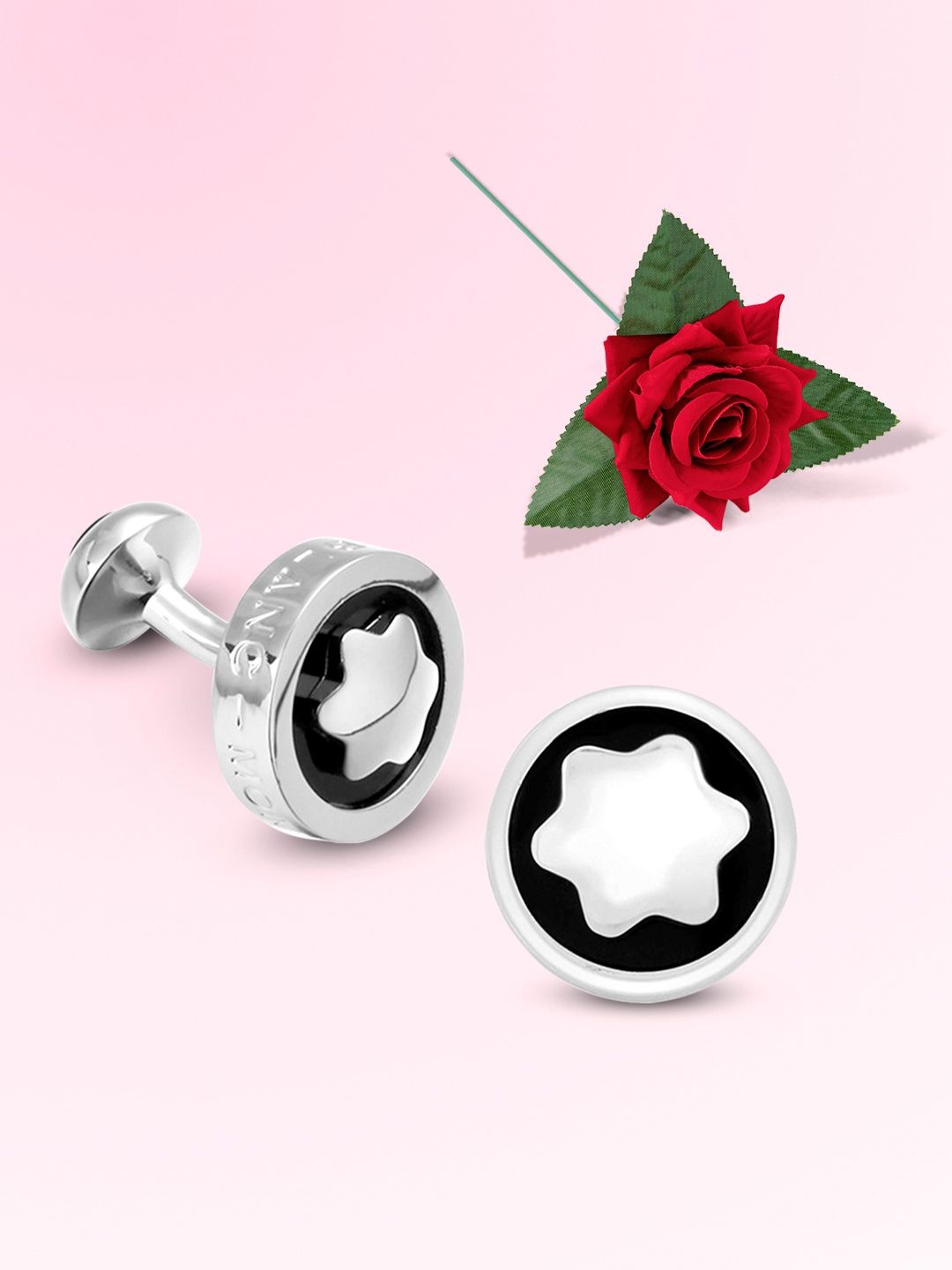 

Peora Men Geometric Cufflink With Red Rose, Black