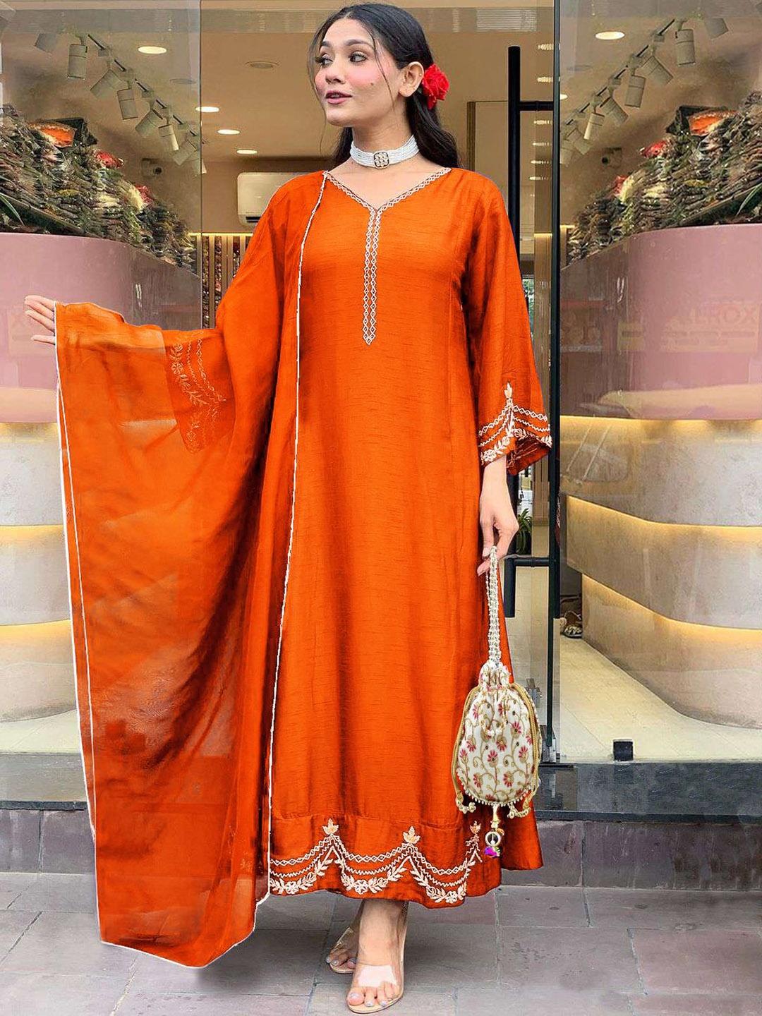 

GoSriKi Gotta Patti V-Neck Anarkali Kurta With Trousers And Dupatta, Orange