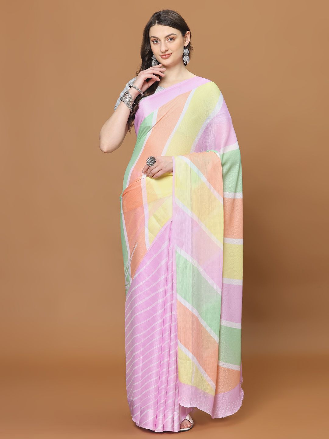

Meena Bazaar Poly Chiffon Saree, Pink