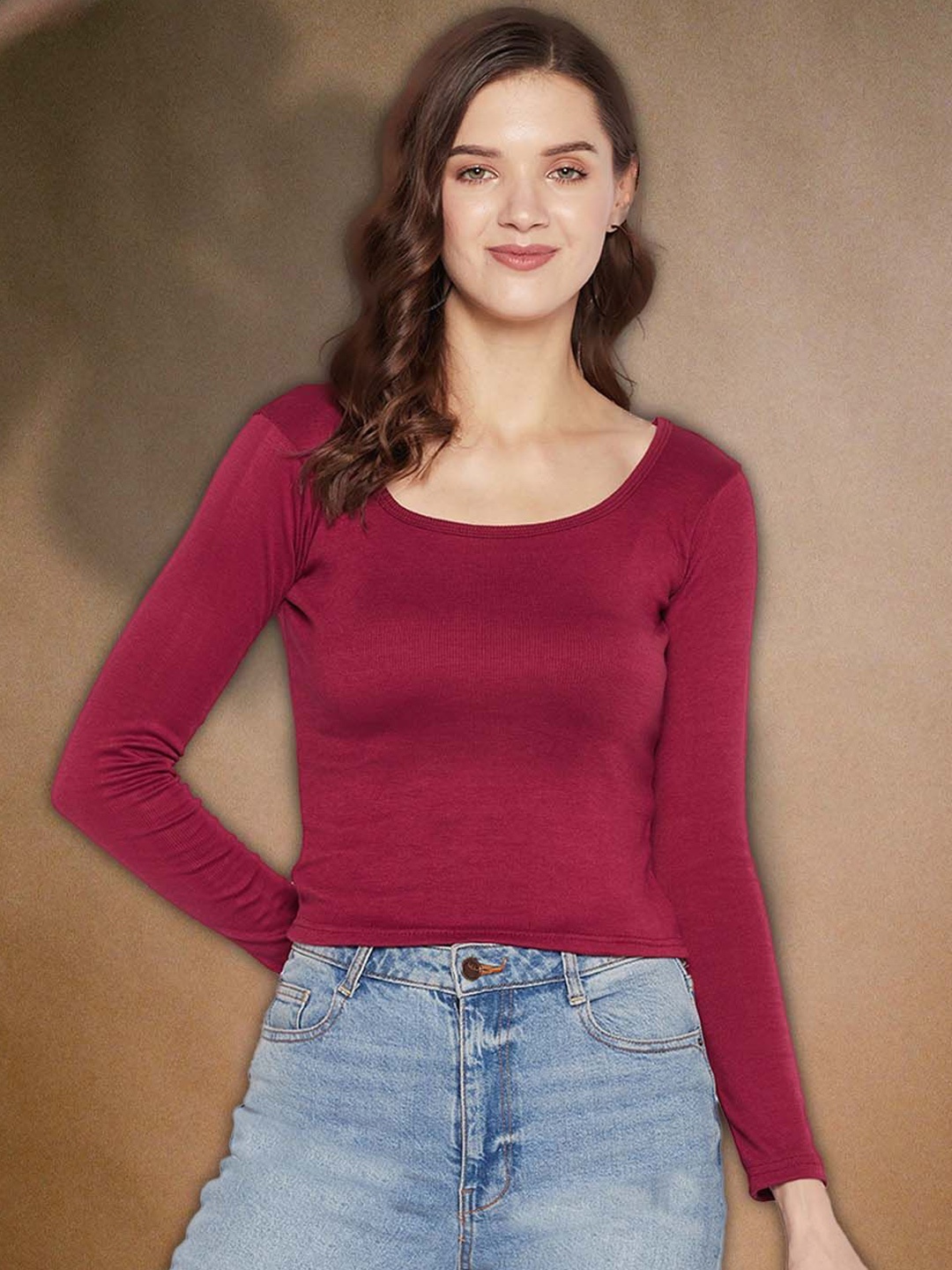 

Moda Rapido Women Ribbed Round Neck Fitted Top, Maroon